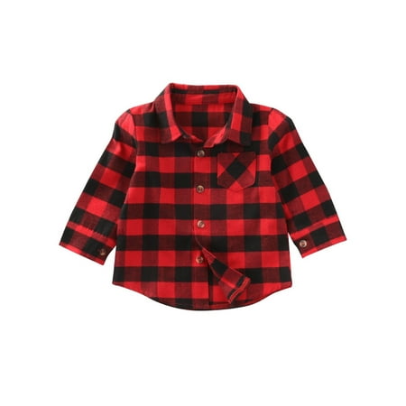 

wybzd Baby Kids Boys Girls Long Sleeve Shirt Plaids Checks Tops Blouse Casual Clothes Red 2-3 Years