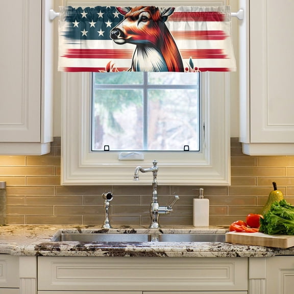 Deer on American Flag Curtain Valances Farmhouse Design Window Treatment Decor Blackout Rod Pocket for Windows Living Room Kitchen 54" x 18"