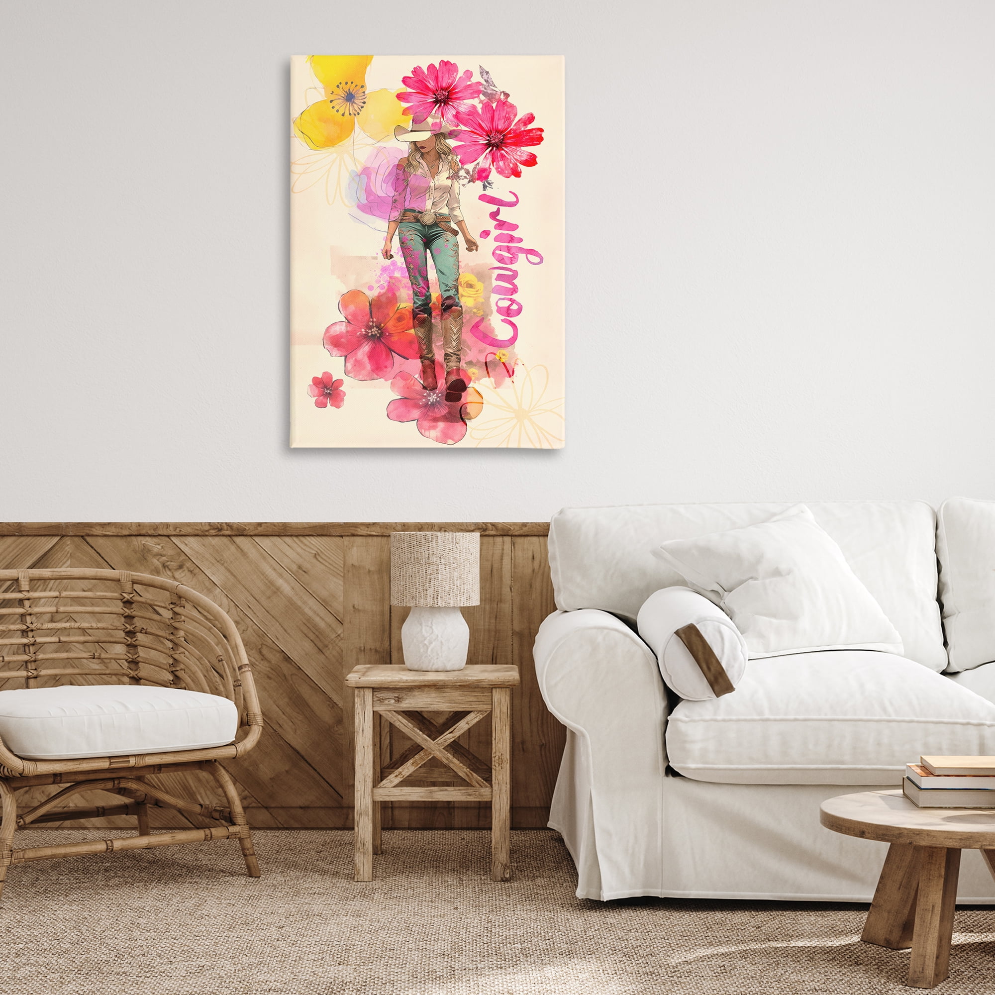 Stupell Industries Fancy Floral Cowgirl People Painting Wrapped Canvas Art Print Wall Art, 24 x 36