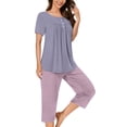 thumbnail image 2 of Aqestyerly Ensemble de Pyjama, Blouse Décontractée à Manches Courtes et Col Rond pour Femmes avec Pantalon Assorti pour un Ensemble de Pyjama Confortable/bleu Clair (TTTG), 2 of 5