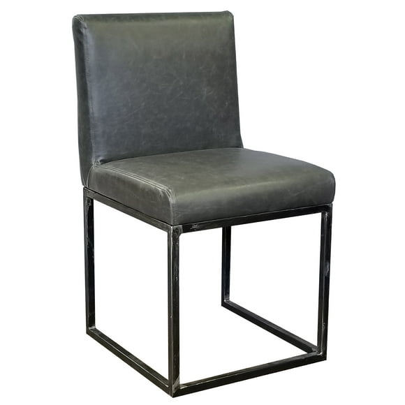 Distress Leather Chair with Antique Metal Frame, Black-Silver-Dining