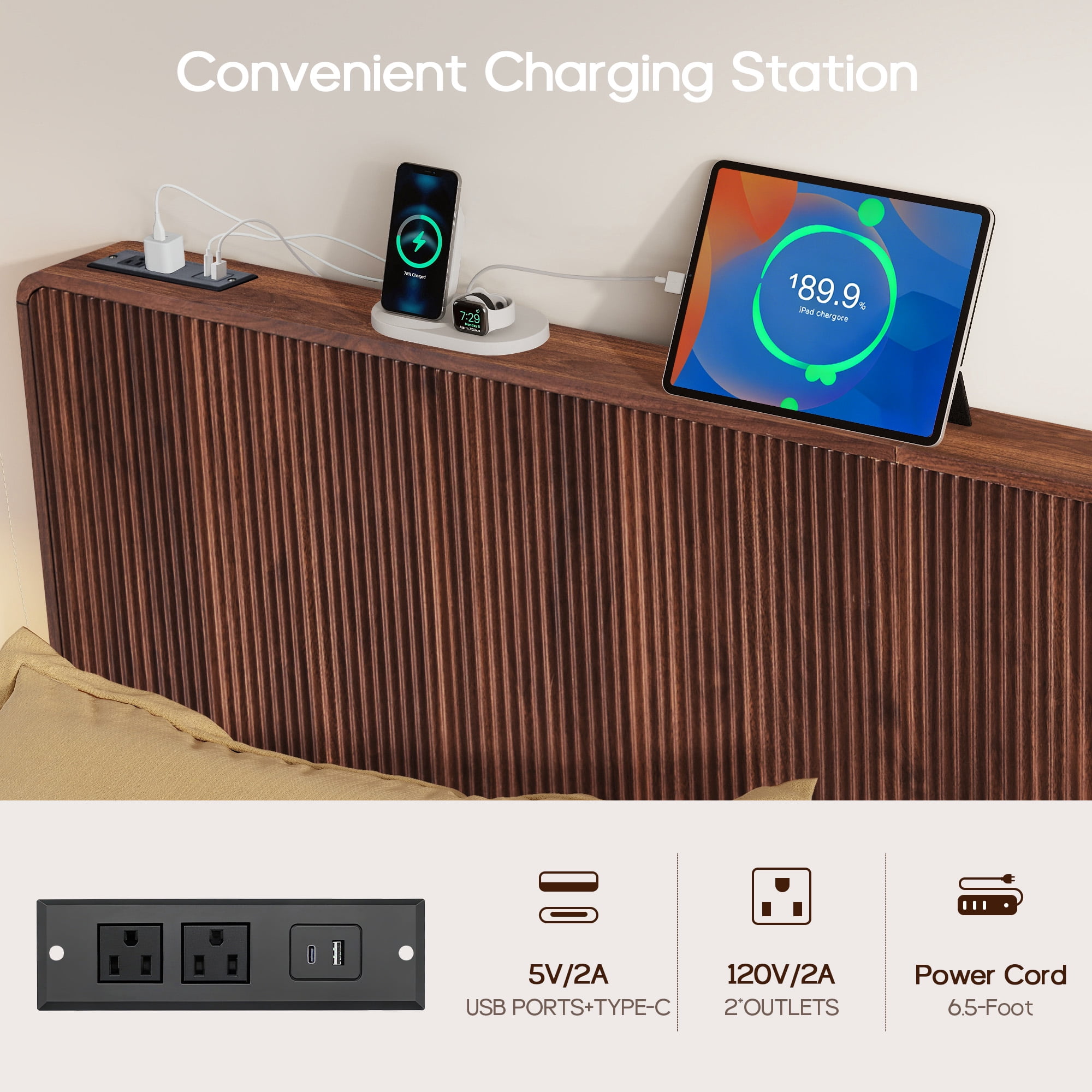 YOCWO Headboard for Queen Size Bed with Charging Station, Fluted Grooved Panel Head Board with Rounded Corners, Walnut, Headboard Only(Bed Frame Not Included)