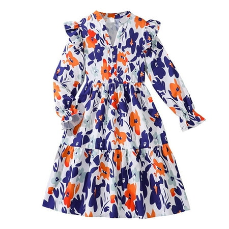 

Kid Girls Autumn Winter Floral Printed Long Sleeve Dress Dress Children s Clothing Flippy Dress for Girls Girl Wedding Dress Girl Kids Dresses for Toddlers Dresses for Birthday Girls Plaid Dress for