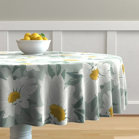 

Cotton Sateen Tablecloth 90 Round - Mint Green Floral Garden Daisy Botanical Spring Party Modern Large Scale Print Custom Table Linens by Spoonflower