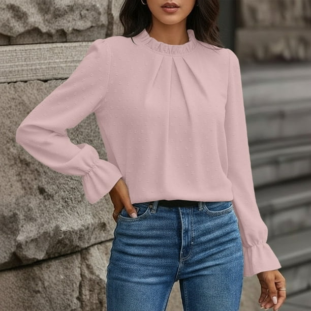 MHFRRA Elegante Camisa de Punto Jacquard de Manga Larga con Cuello Redondo, Corte Entallado, Blusa Básica de Color Liso para Uso Informal Rosa