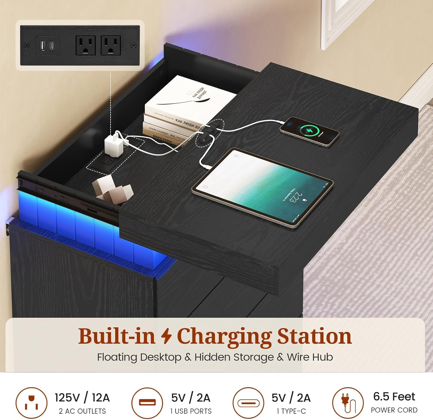 Weiplehoom Black 5 Drawer Dresser with Power Outlet & LED Lights, Modern Chest of Drawer Cabinet with Sliding Top, Floating Dressers for Bedroom, Living Room, Entryway, Hallway