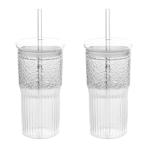 2X de Vidrio de 600 Ml, de Café con Leche con Tapa y Pajita, de Agua A Rayas Transparentes, Vasos para Beber, de Té para Jugo