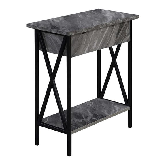 Pemberly Row Flip Top End Table w/ Charging Station in Gray Marble Wood & Black