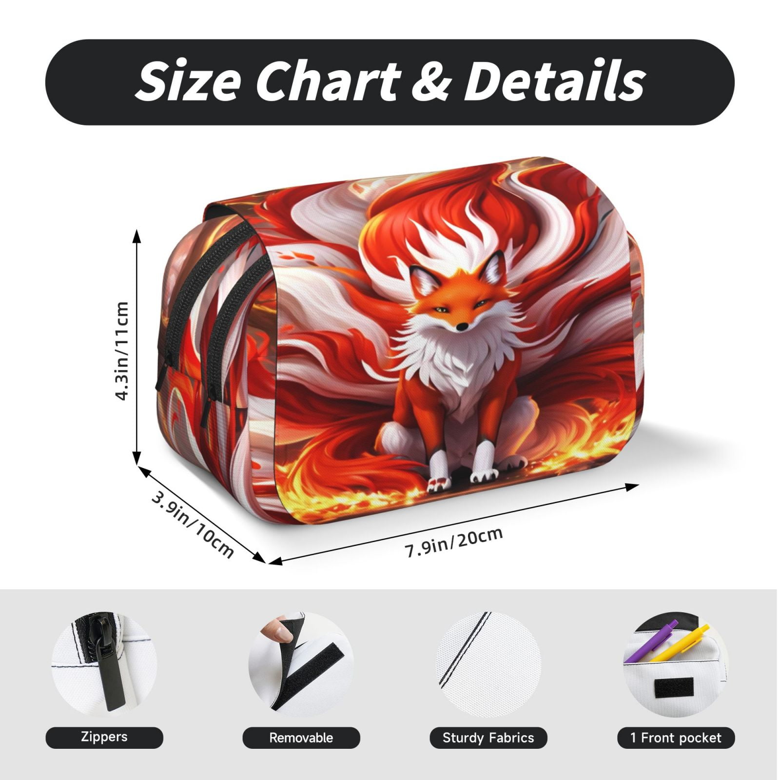 Rateoe Red Sun Flame Fox Pattern Double Clamshell Pen Case, Storage Organizer with Two Zipper Compartments– Holds Up to 50 Pencils & Pens