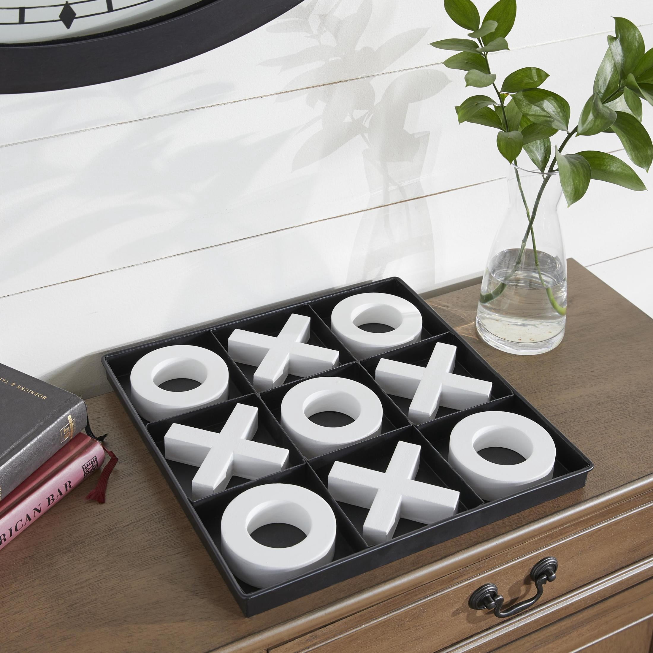 DecMode 12" x 1" Black Wood Tic Tac Toe Game Set with White Pieces, 1-Piece
