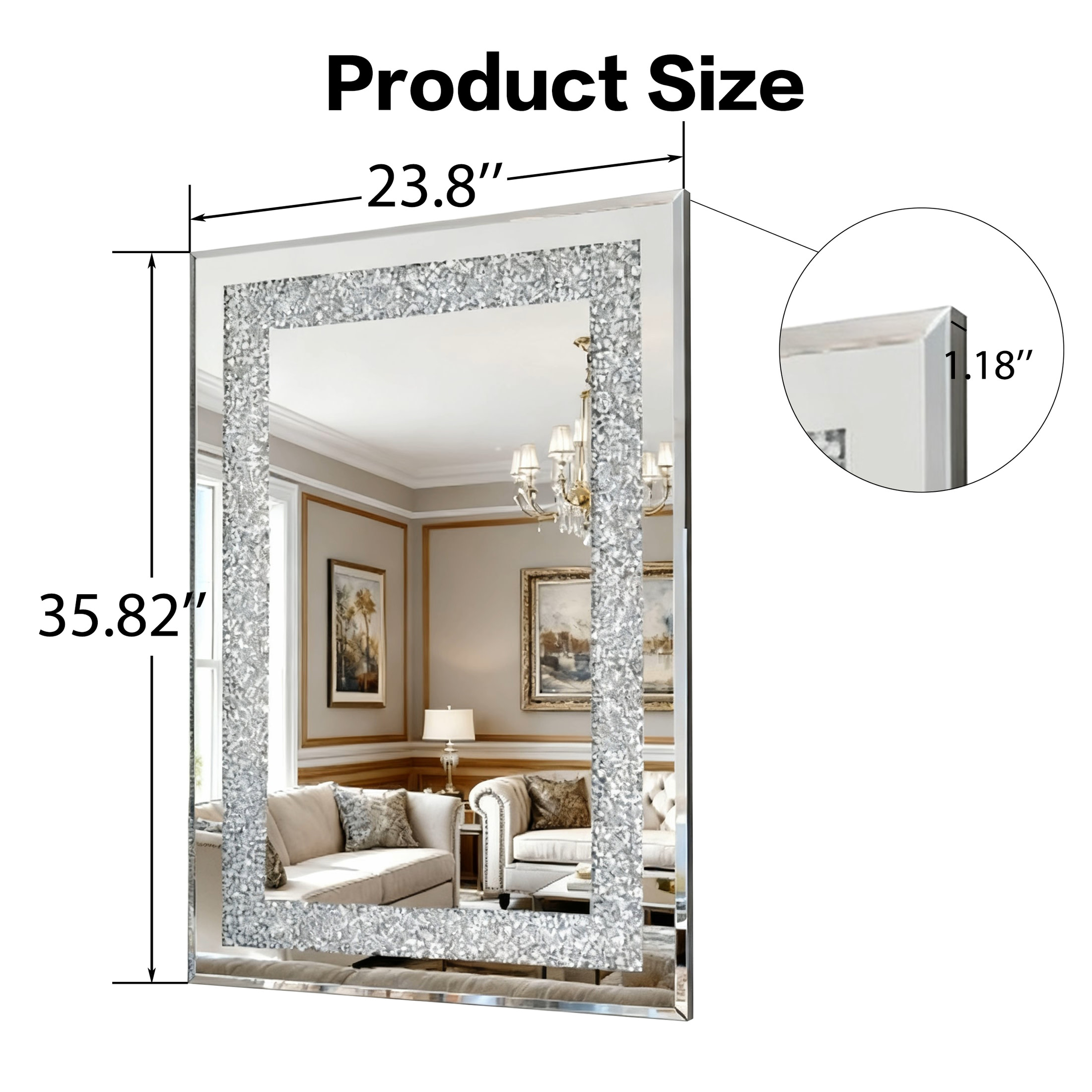 Noble House Crystal Crush Diamond Silver Wall Mirror,Modern Rectangular Mirror with Beveled Edge,Silver
