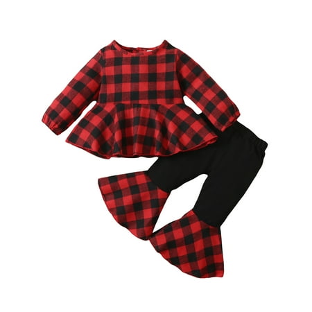 

Yinyinxull Christmas Kids Baby Girls Clothes Set Plaid Print Long Sleeve Dress Patch Flare Pants 2Pcs Outfits Red 12-18 Months