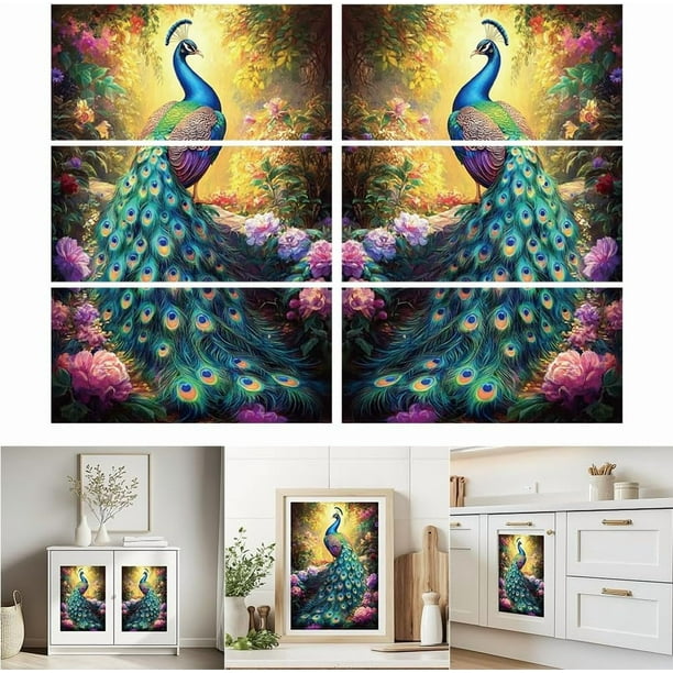 6 láminas de calcomanías para muebles con diseño de pavo real (30 x 15 cm) con flores de peonía vintage. Adhesivo de transferencia UV autoadhesivo para decoración de paredes.