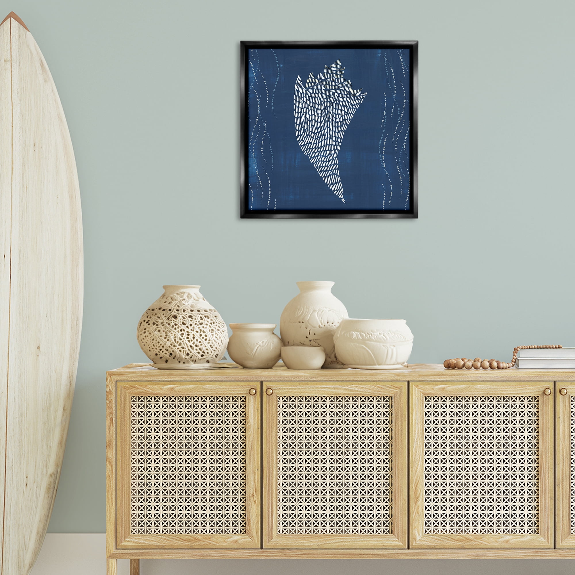 Stupell Industries Conch Shell on Blue Coastal Painting Black Floater Framed Canvas Art Print Wall Art, 25 x 25