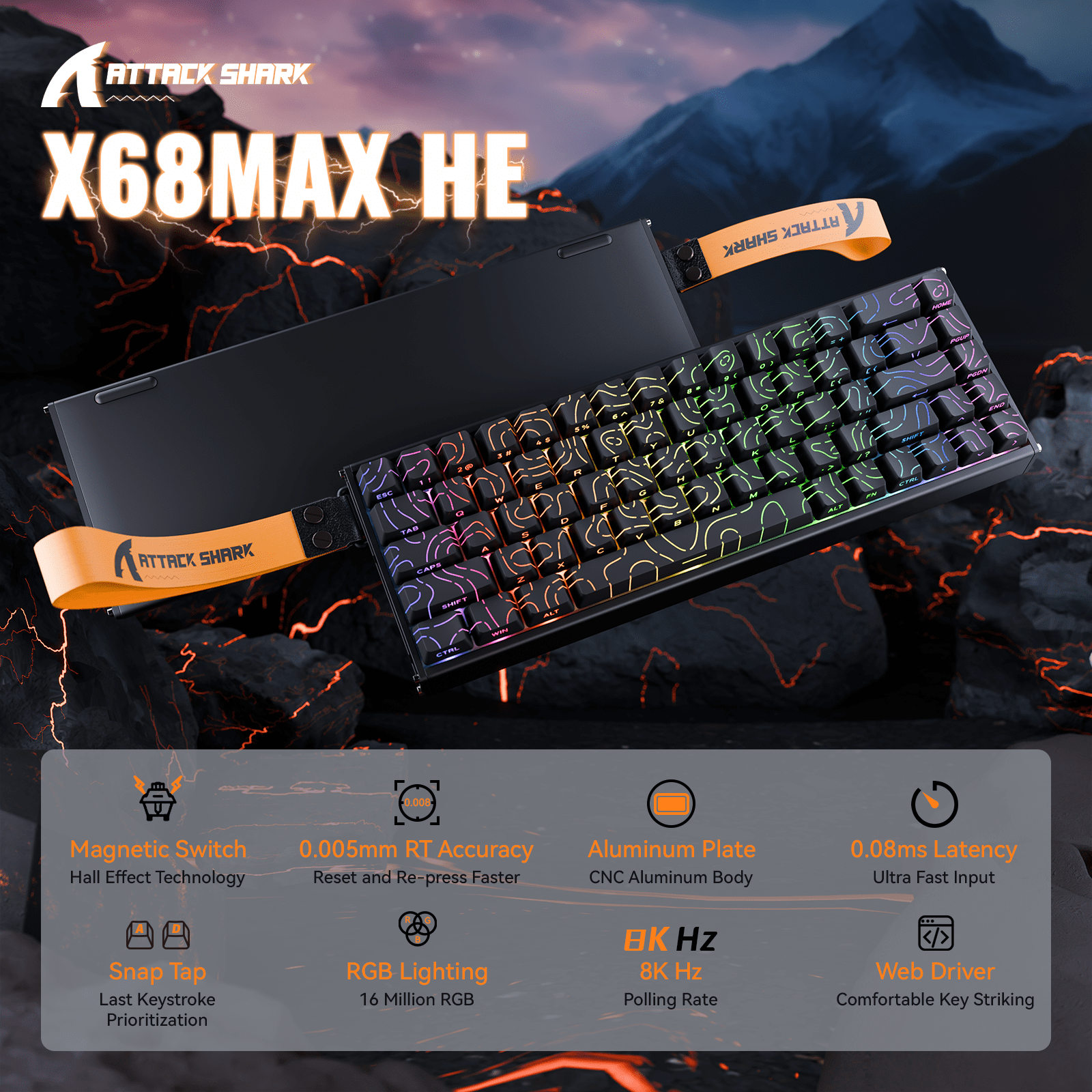 ATTACK SHARK X68 MAX 60% Wired Mechanical Gaming Keyboard, Aluminum Alloy Case, Rapid Trigger, Hall Effect Magnetic Switches, 8KHz Polling Rate, RGB Backlit, PC/Mac Compatible, Black Contours