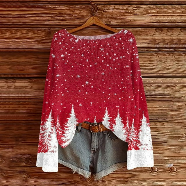 Horkkom Chandails de Noël pour Femmes Automne et Hiver Imprimé de Noël Manches Longues Col Rond Chandail m