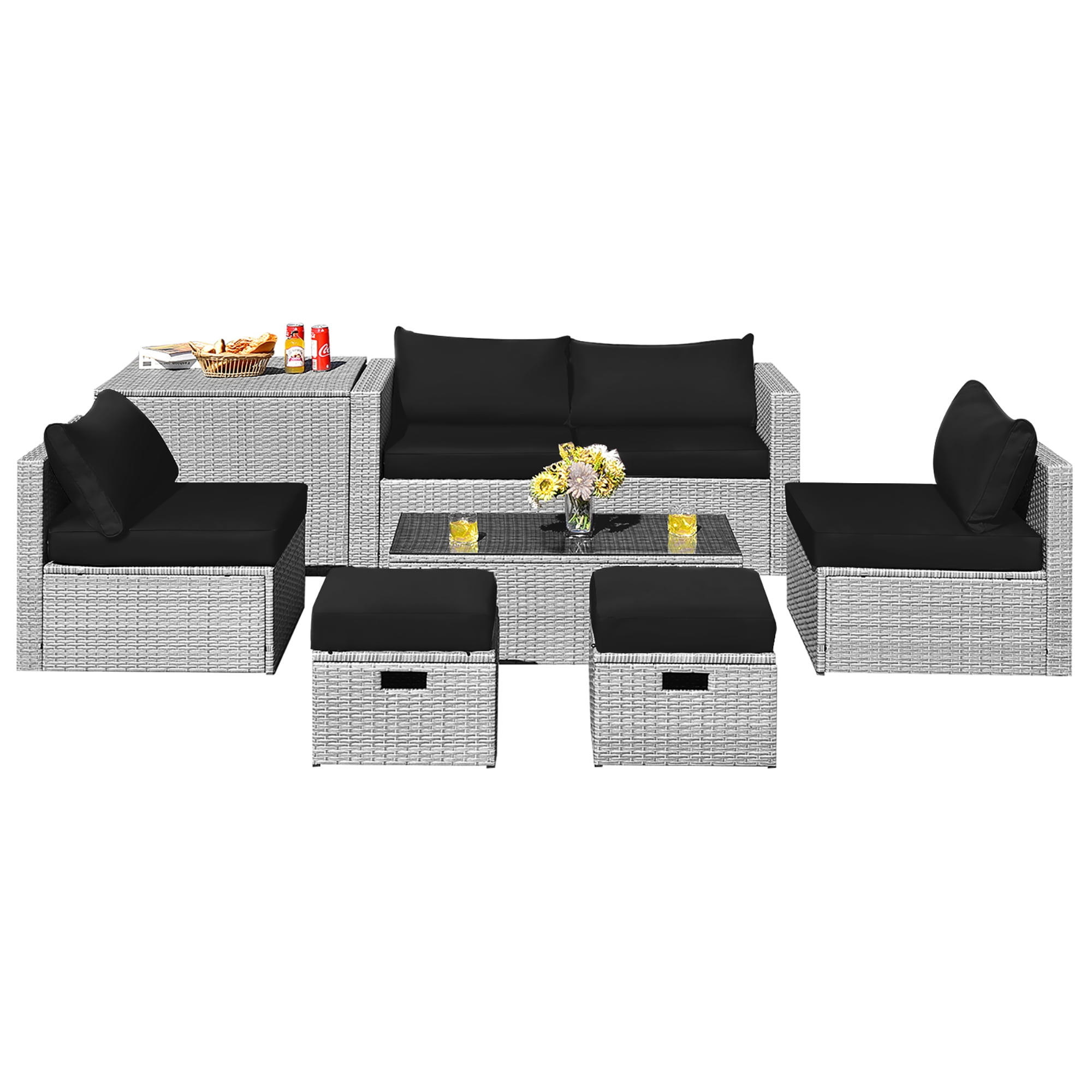 Costway 8PCS Patio Rattan Furniture Set Storage Waterproof Cover Black Cushion