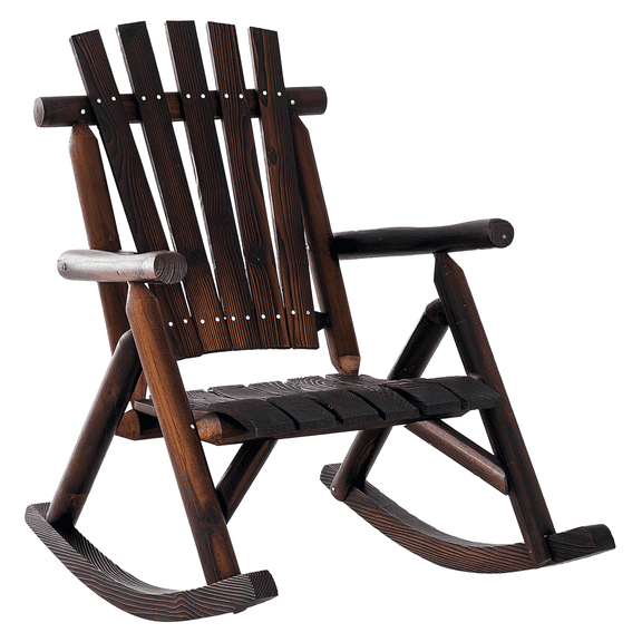 Outdoor Rocking Chair - Wooden Adirondack Rocker, Rustic Patio Chair with Slatted Seat & High Backrest - Garden, Porch, Brown