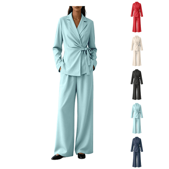 Atkumj Blazer Outfits for Women 2 Piece Sets Stylish Lapel Tie Waist Cardigan and Wide Leg Pants Suit Set Versatile Solid Color Womens Two Piece Sets for Business Casual S