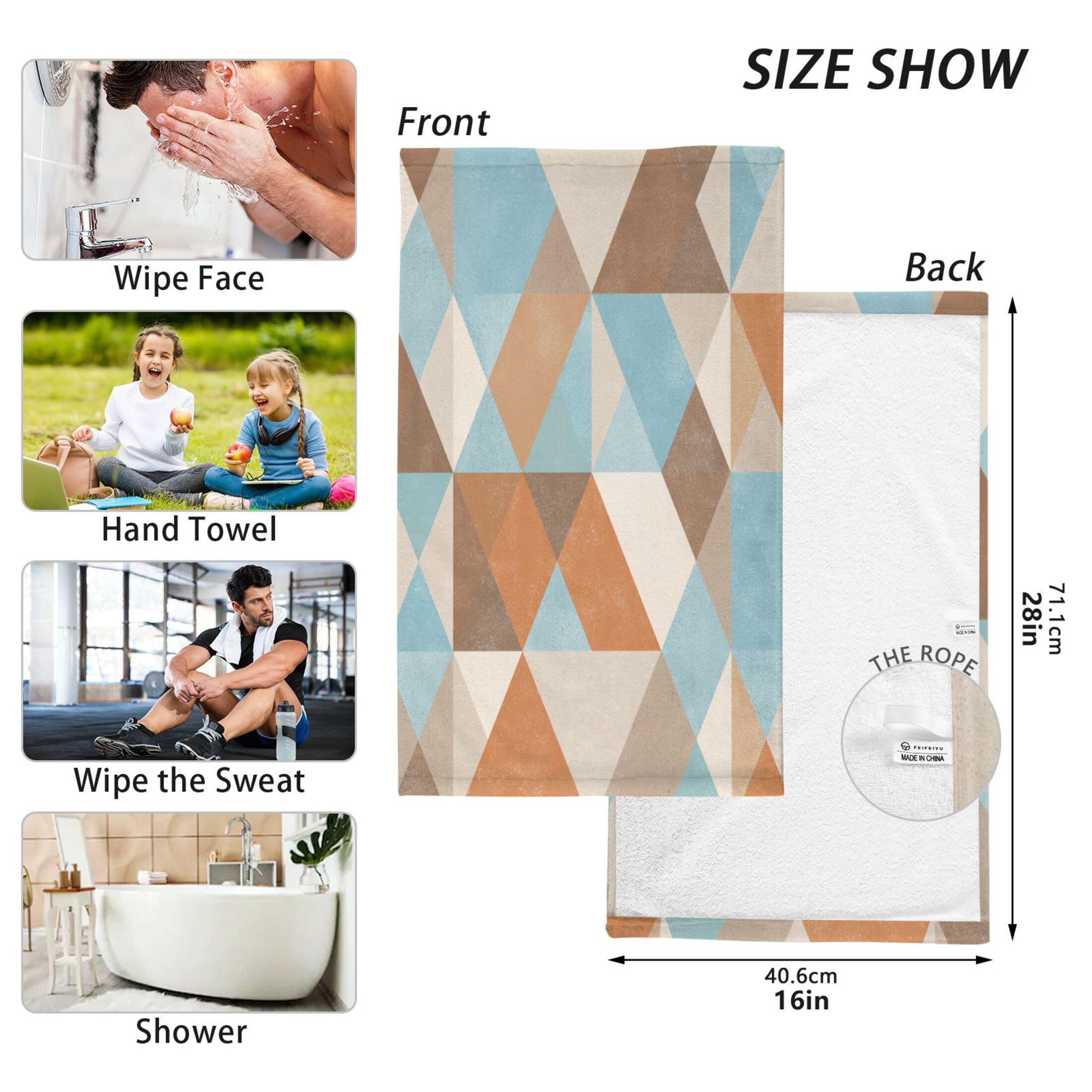 2 Pieces of Cotton Towel Face Towel Set Hand Towel Bath Towel Cotton Bath Towel Sets Terracotta Triangle Geometric Mosaic