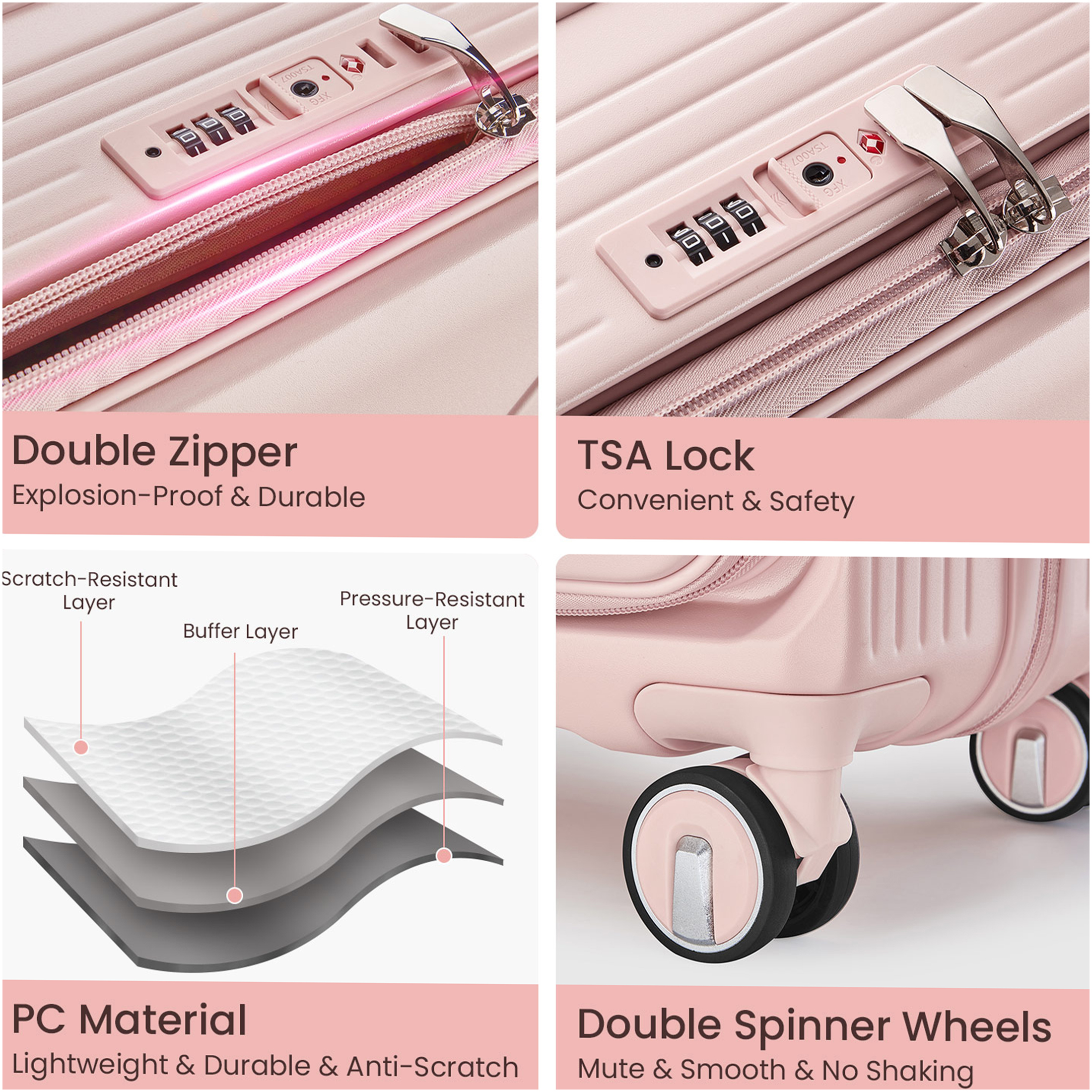JERFIT 3-Piece Pink Expandable Hard Shell Luggage Set with TSA Lock, Spinner Wheels & Front Pocket, 20/24/28 Inch Lightweight Suitcases