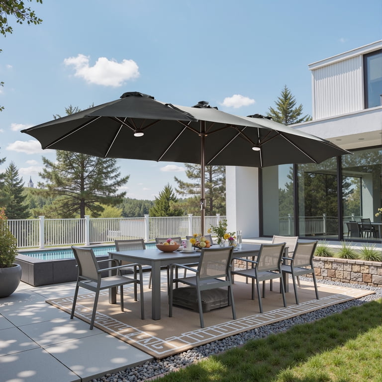 dark grey patio umbrella Ovios 15ft Solar LED Patio Umbrellas Double-Sided Outdoor Umbrella with 156 Colorful LED Lights Large Poolside Umbrella with Base, Dark Grey, Gray