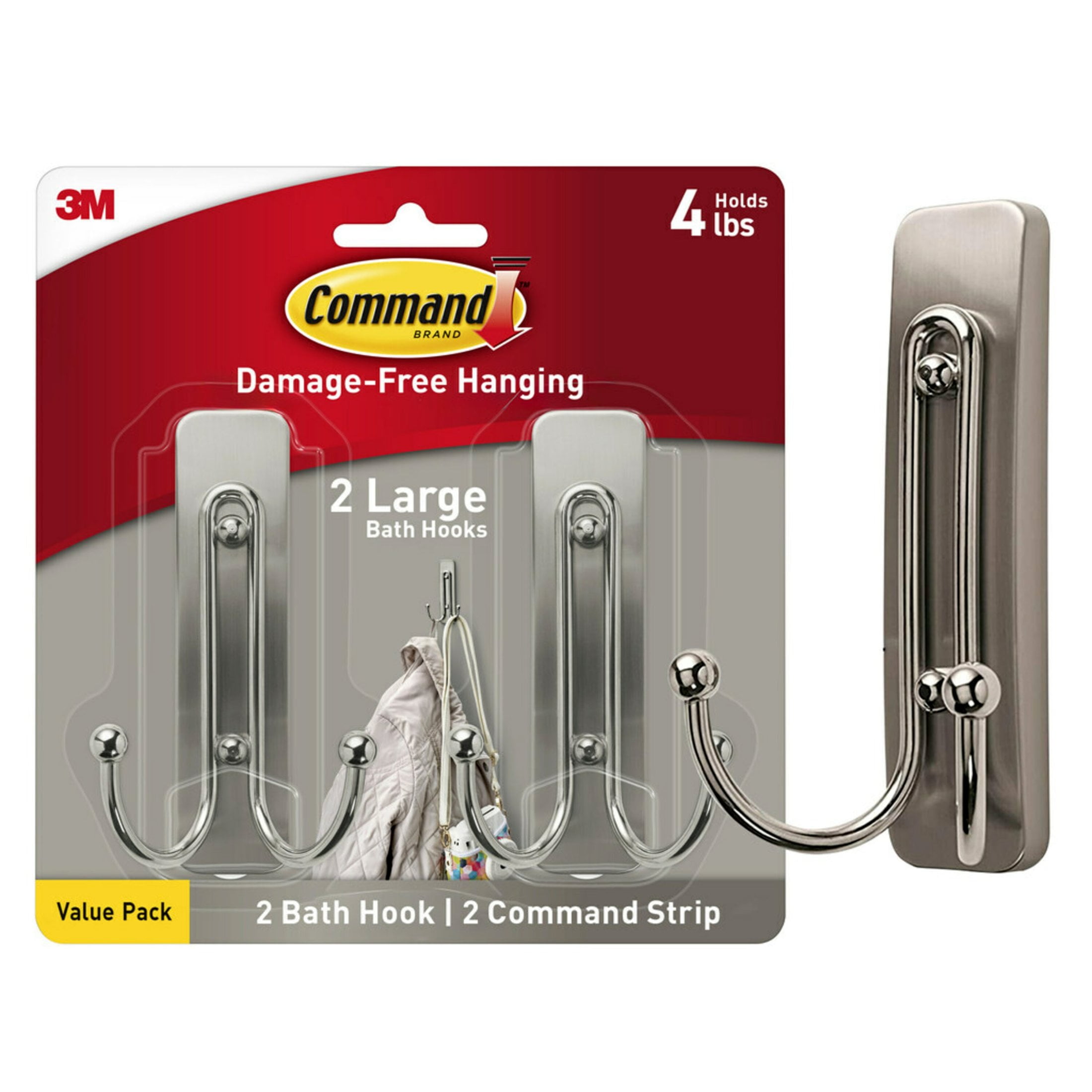 (3 pack) Command Large Double Wall Hooks, Brushed Nickel, Damage Free Decorating, 2 Hooks