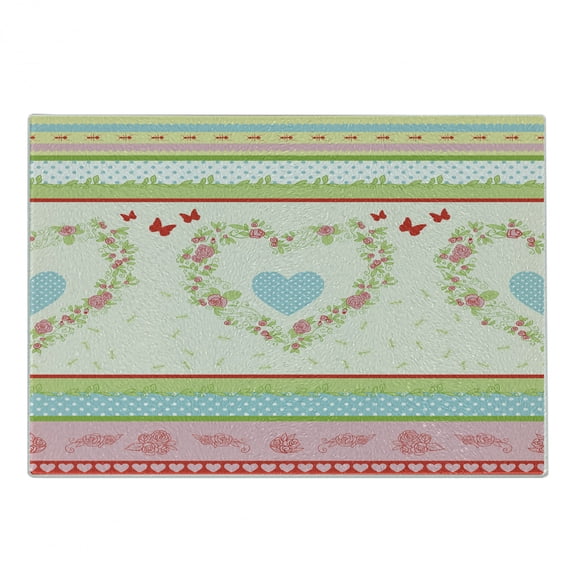 Shabby Flora Cutting Board, Country Style Roses and Borders Butterflies Ants Heart Shapes and Polka Dots, Decorative Tempered Glass Cutting and Serving Board, Small Size, Multicolor, by Ambesonne