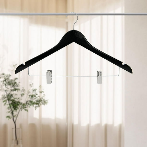 Tnarru Clothes Hanger with Clips Closet Hanger Laundry Hanger Practical Clothes Pant Hanger Wood Hanger for Coats Trousers Jeans Black