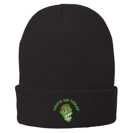 Trendy Apparel Shop Zombie Trick or Treat Embroidered Winter Knit Long Beanie - Black