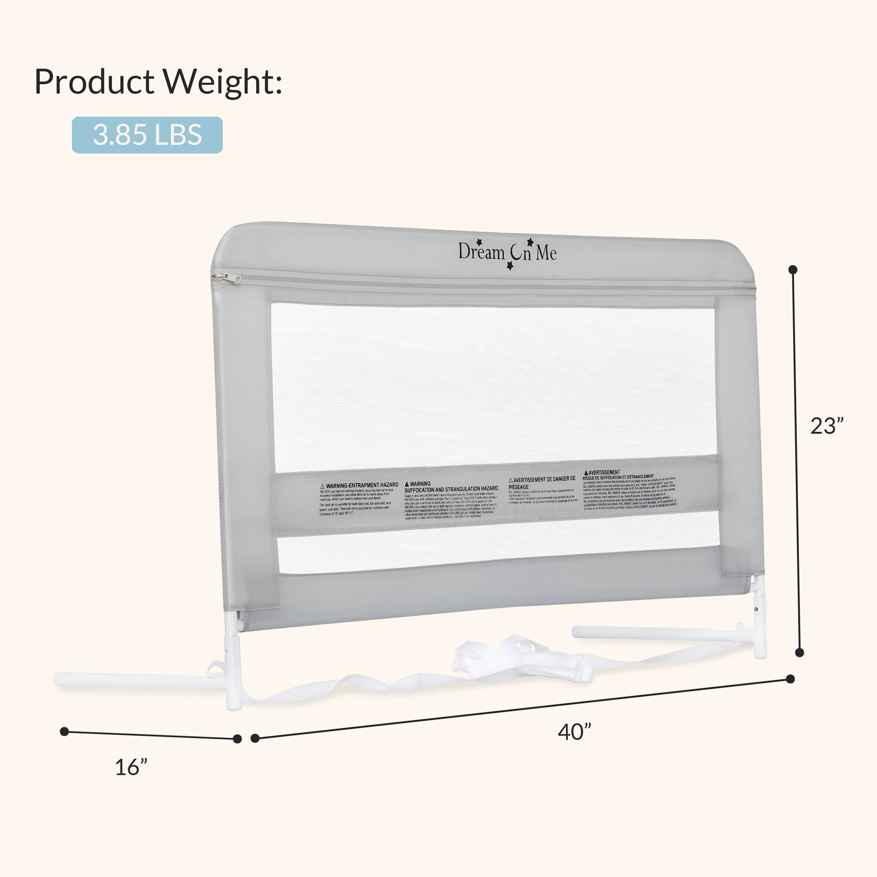 Dream On Me Lightweight Mesh Security Adjustable Bed Rail for Toddler in Gray, Fits for Twin, Full, Queen, Toddlers and Bunk Size Beds with a Mattress height less than 5" inches only.