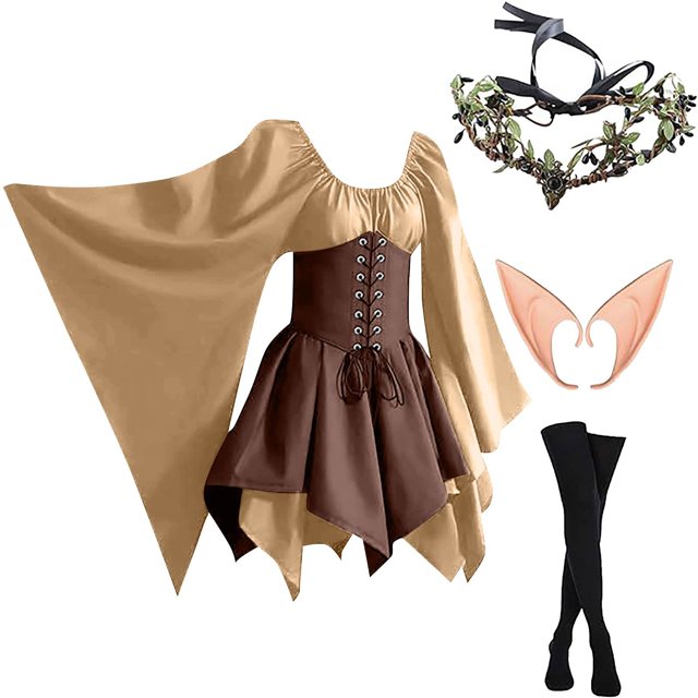 NMMUED 4 Pcs Costume Médiéval Femme Robe Renaissance Robe Victorienne pour Femme Costume Renaissance Femme, Kaki 2 L