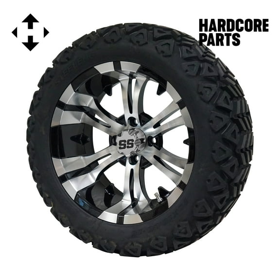 Hardcore Parts 15" Machined/Black 'VAMPIRE' Golf Cart Wheels and 23"x10"-15" DOT rated All-Terrain tires - Set of 4, includes Chrome 'SS' center caps and 1/2x20 Chrome lug nuts