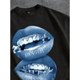 thumbnail image 5 of Women's Oversized Black T-Shirt with Blue Double Lips Graphic, Loose Fit Casual Tee Top, 5 of 9