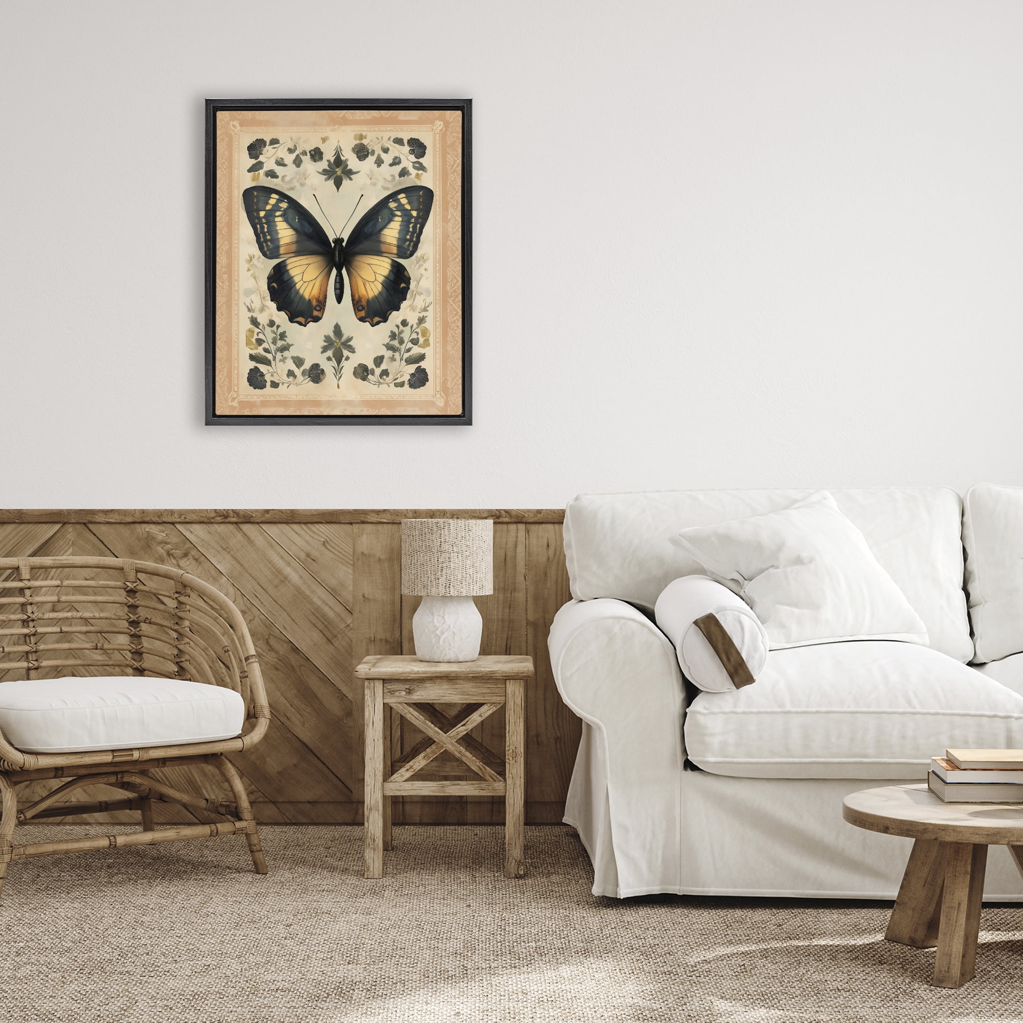 Stupell Industries Vintage Butterfly Botanical Illustration Black Framed Floater Canvas Wall Art, design by Arlington Prints