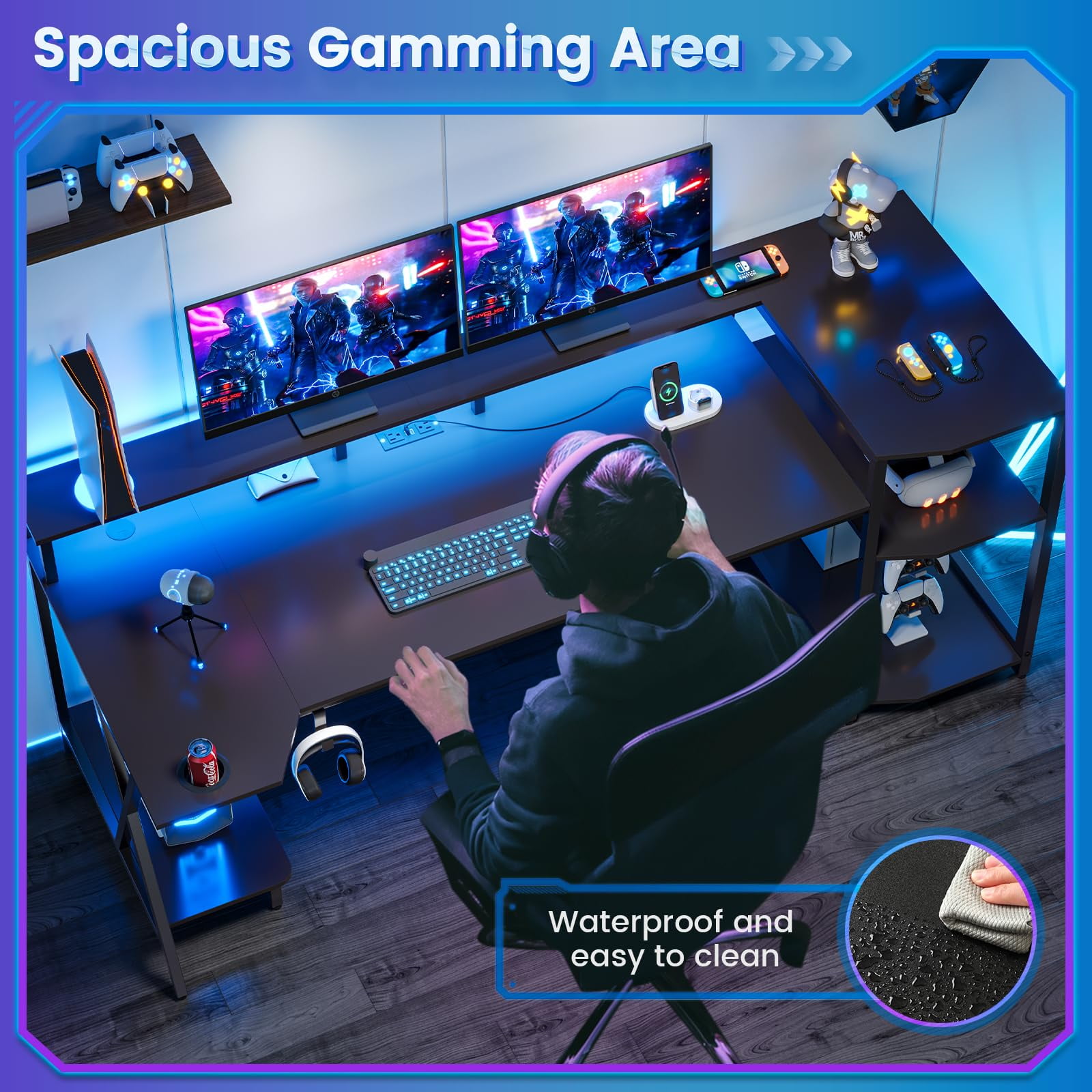 Black 55" Gaming Desk with Monitor Stand, Computer Desk with LED Lights and Storage Shelves, Power Outlets and Cup Holder, Large PC Gaming Table for Bedroom Living Room