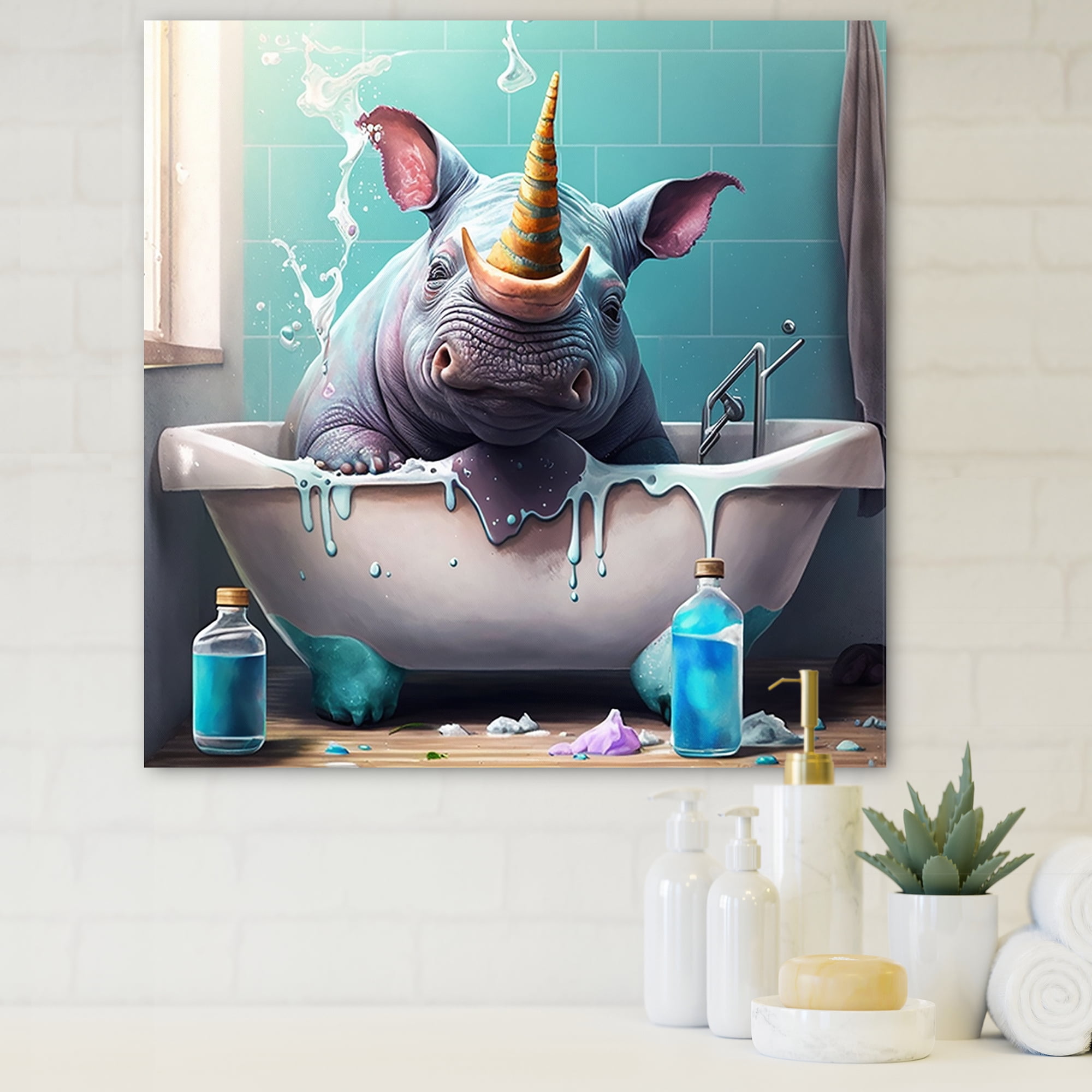Designart Silly Rhino Enjoying Bath Time I Canvas Wall Art