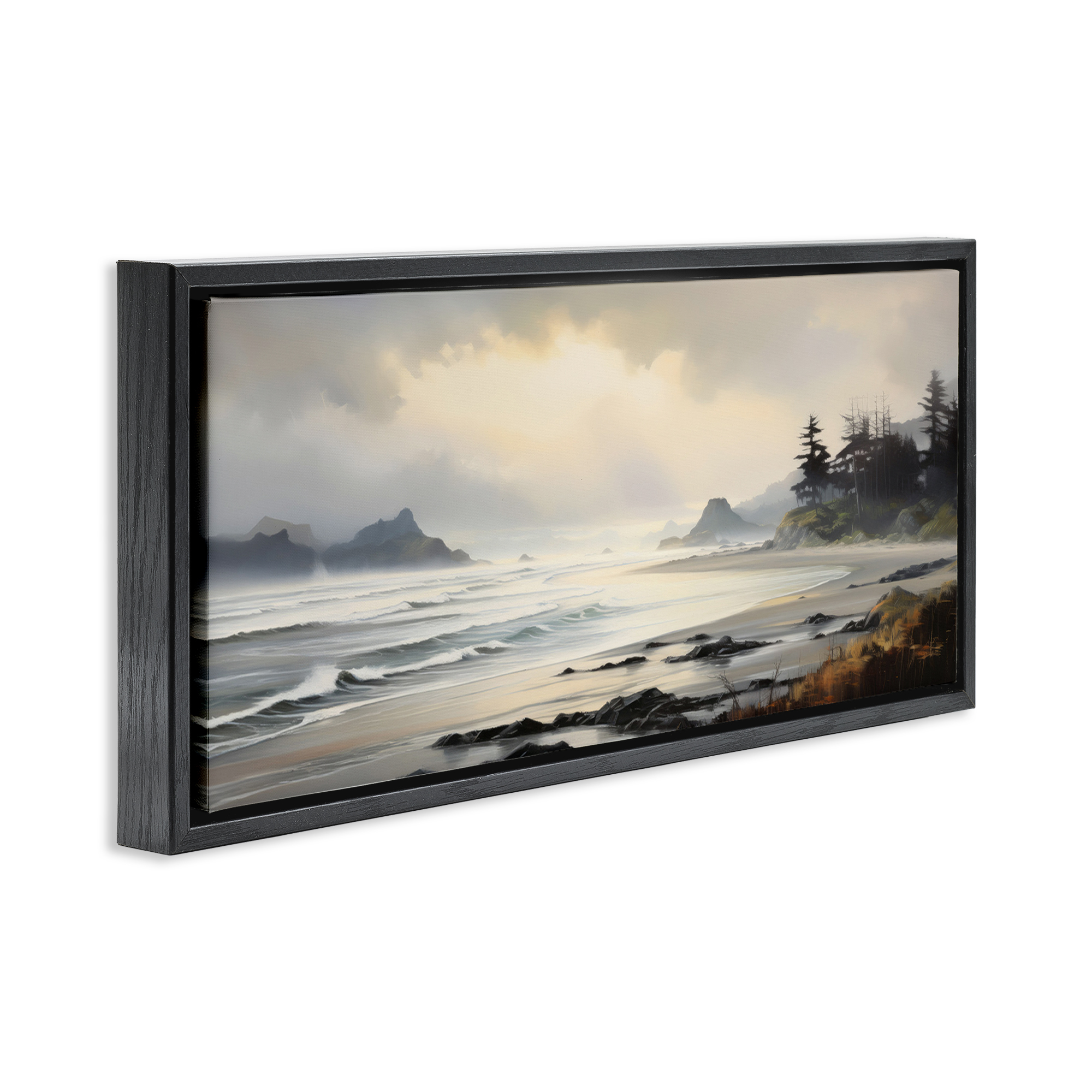 Stupell Industries Coastal Shore Inlet Coastal Painting Black Floater Framed Art Print Wall Art, 25 x 11