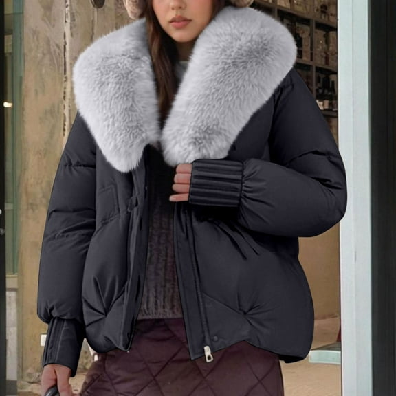 Gamivast Winter Jackets for Women Oversized Faux Fur Collar Zip up Coats with Pockets Warm Cuffed Long Sleeve One Button Outerwear Winter Coats for Women