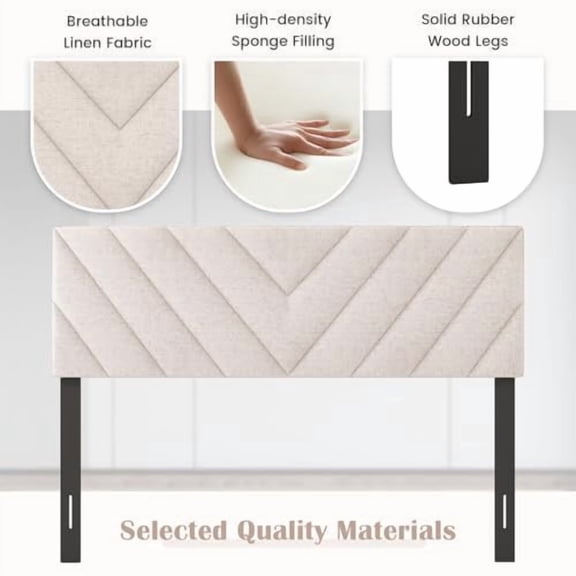 KOMFOTT Linen Fabric Upholstered Headboard for Full/Queen Size Bed, Rectangular Headboard with Solid Wood Legs & Adjustable Width, Padded Full/Queen Bed Headboard, Easy Assembly, Beige