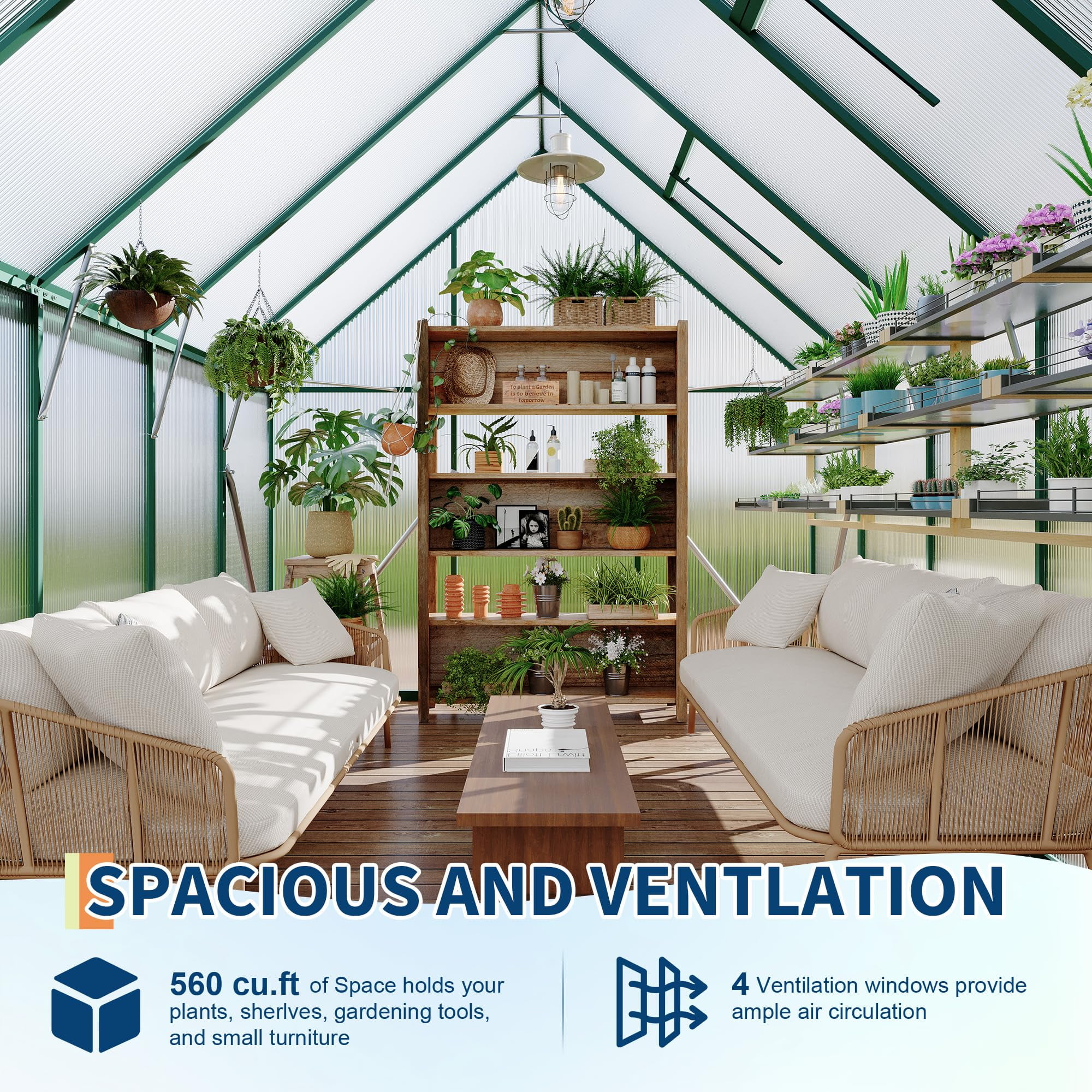 8'X10' Aluminum-Framed Polycarbonate Greenhouse,with Quick Setup Structure and Roof Vent, Large Enhanced Aluminum Greenhouses Kit for Outdoors,Green