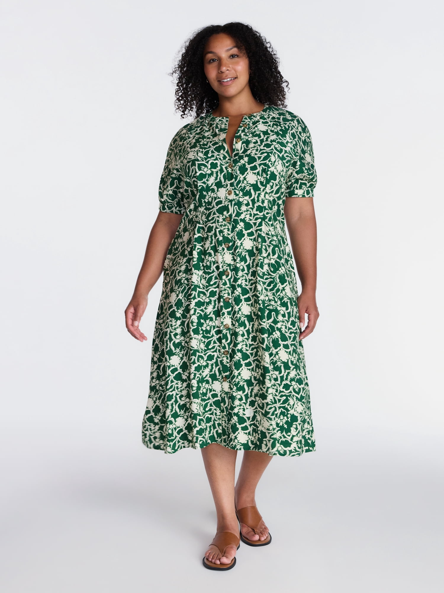 Time and Tru Women's Pleated Midi Shirtdress, Sizes XS-XXXL