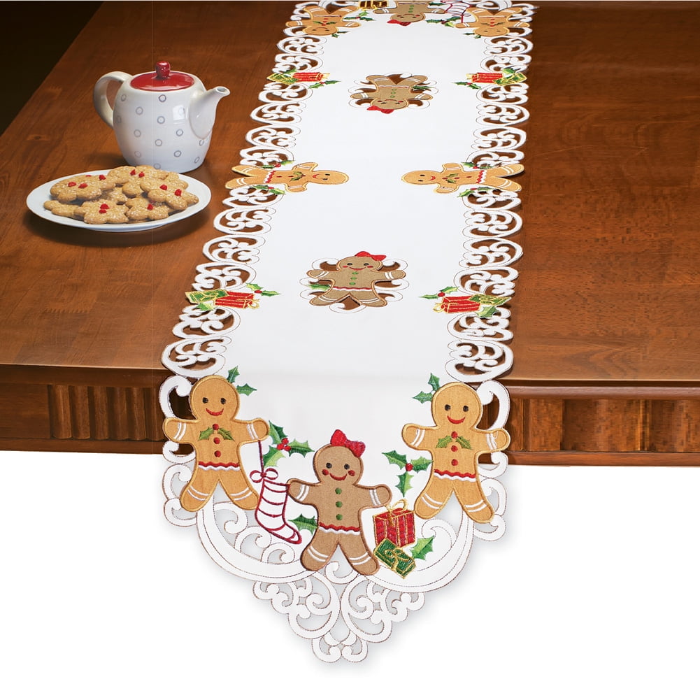 Embroidered Christmas Gingerbread and Gifts Table Linens, Runner