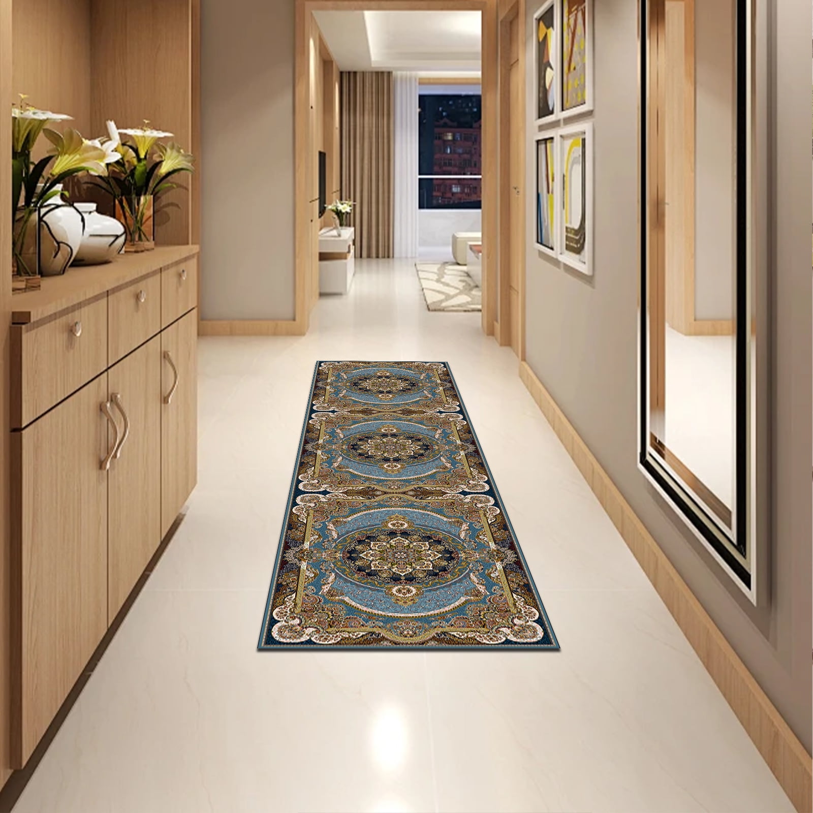 Mitzzllc 2'x8' Non Slip Vintage Runner Rugs, Machine Washable Long Floor Carpet for Entryway, Blue and Black
