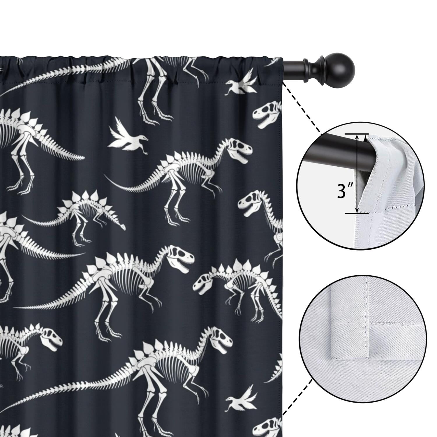 Blackout Kids Curtains,Black Cartoon Dinosaurs Skeletons Pattern Childrens Insulated Curtains Set Of 2,Bedroom Essentials,Toddler Room Decor 42"x63"