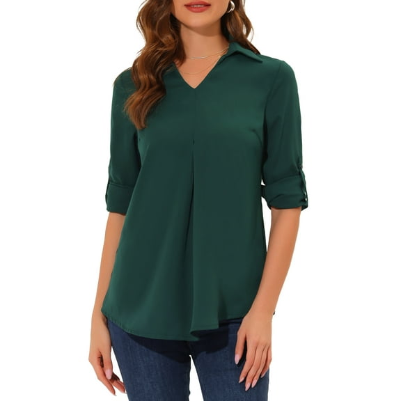 Allegra K Women's Point Collar Pleated Front Casual 3/4 Sleeve Blouses