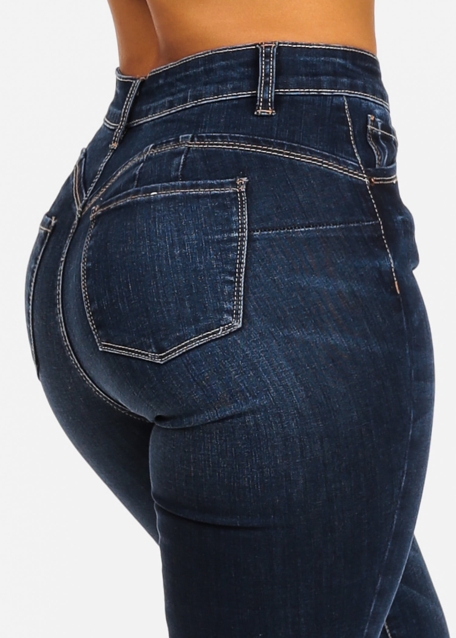 Womens Juniors High Rise Butt Lifting 1 Button Dark Wash Skinny Jeans ...