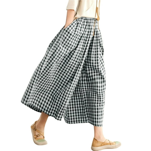 Endives Women's Cotton Linen Pants Elastic Waist Plaid Wide Leg Pants