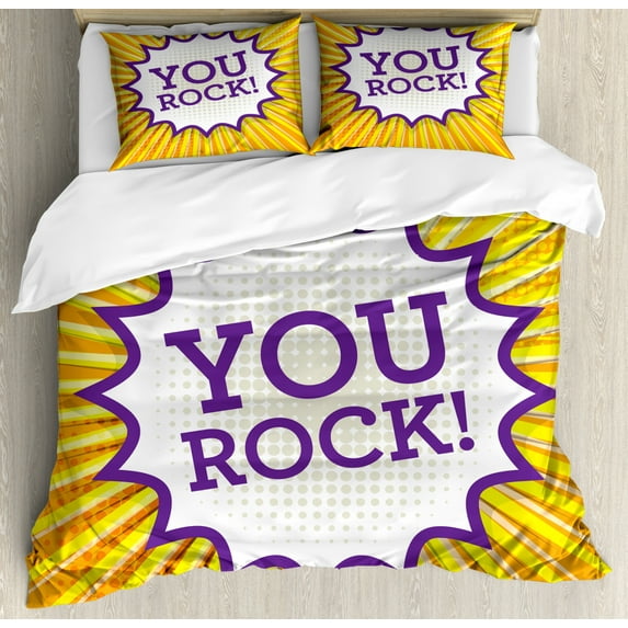 You Rock Duvet Cover Set King Size, Inspirational Text Bubble Comic Book Halftone Illustration, Decorative 3 Piece Bedding Set with 2 Pillow Shams, Marigold Quartz Yellow Eggshell, by Ambesonne