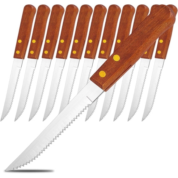 Steak Knives Set of 12, Wood Handle Stainless Steel Steak Knife Set, Serrated Steak Knives, Gifts for Home, Restaurant, Parties, Wedding, Camping